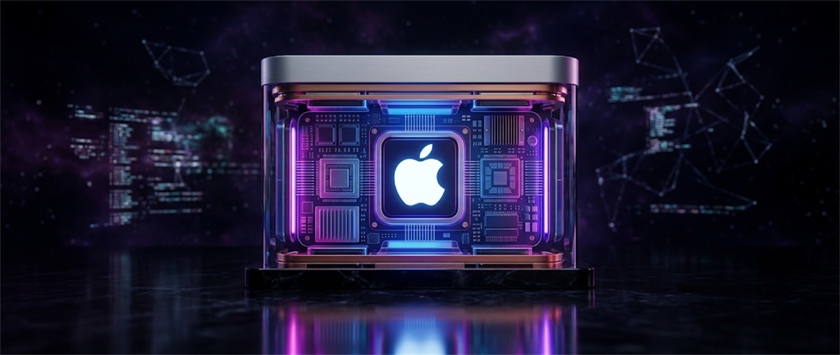 Illustration of the Apple logo glowing on a circuit board encased in a translucent box against a digital backdrop.