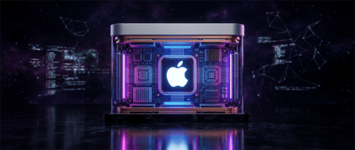 Illustration of the Apple logo glowing on a circuit board encased in a translucent box against a digital backdrop.
