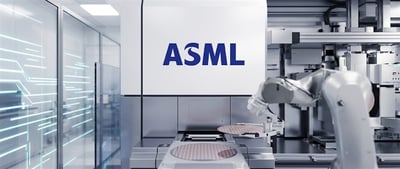 ASML logo on a semiconductor lithography machine with a robotic arm handling silicon wafers in a cleanroom.