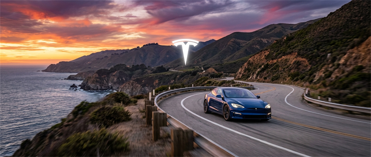 A blue Tesla Model S drives along a coastal mountain road at sunset, with the Tesla logo overlaid above.