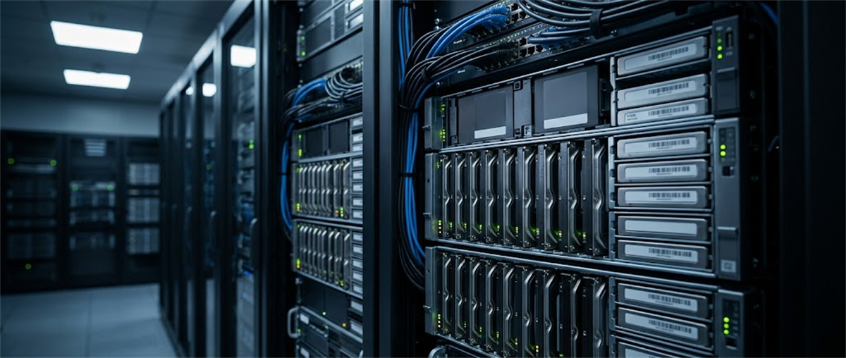 Rows of server racks with blue network cables and storage drives in a data center aisle.