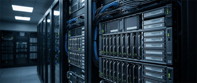 Rows of server racks with blue network cables and storage drives in a data center aisle.
