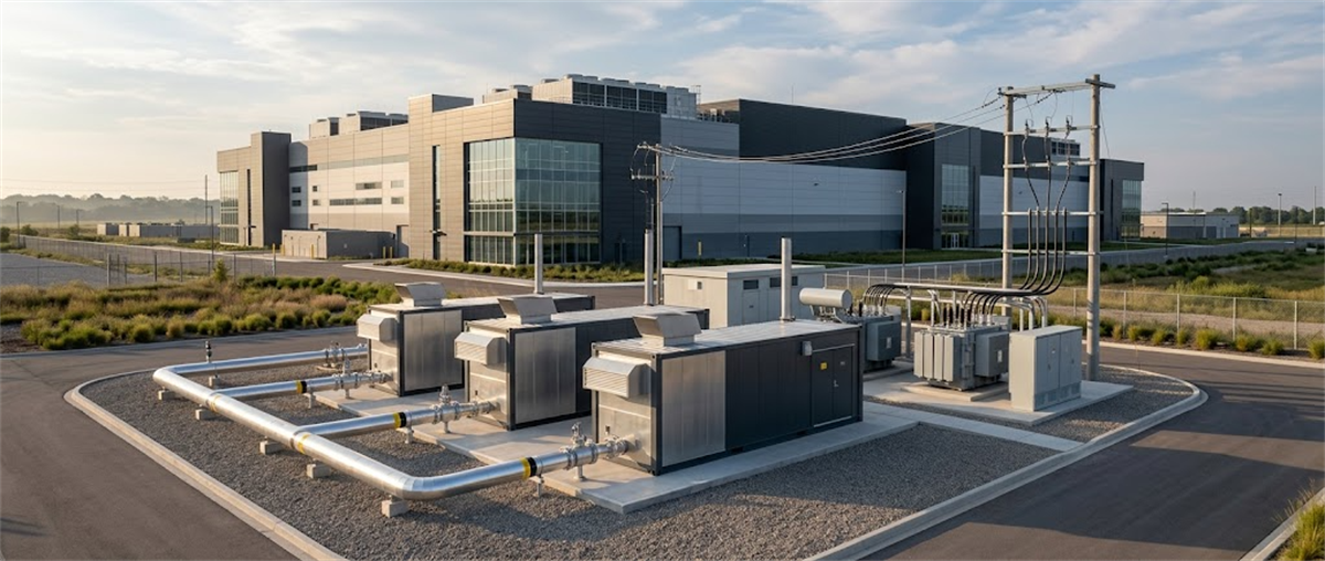 Exterior view of a large data center building with electrical transformers, piping, and utility equipment in the foreground.