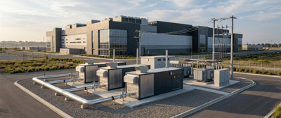 Exterior view of a large data center building with electrical transformers, piping, and utility equipment in the foreground.