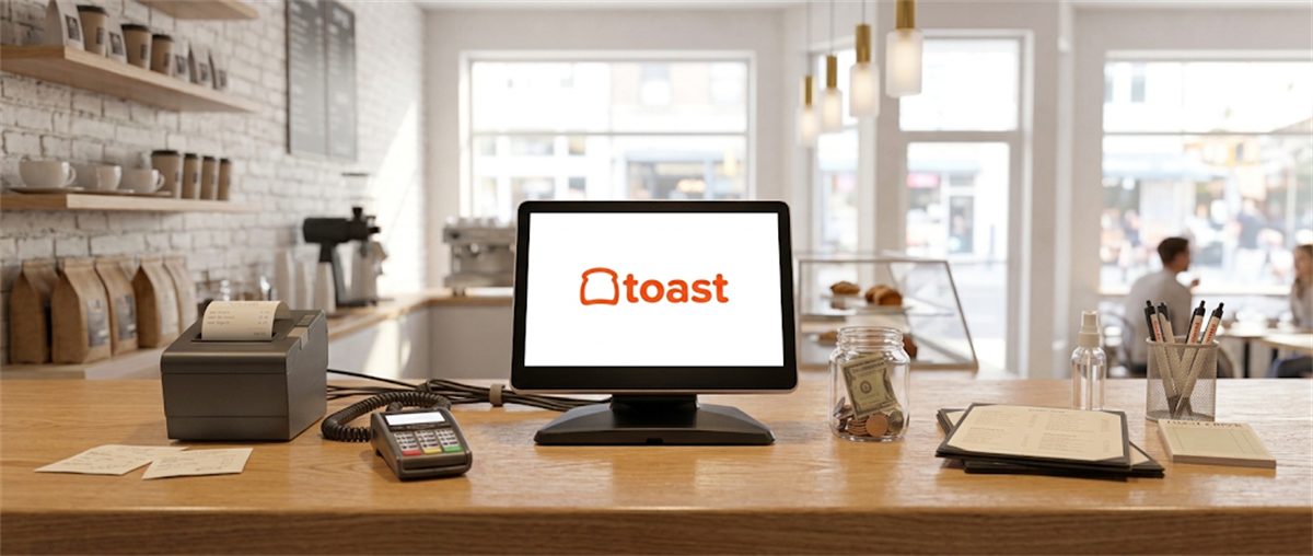 A Toast point-of-sale terminal displaying the Toast logo sits on a coffee shop counter with a receipt printer and card reader.
