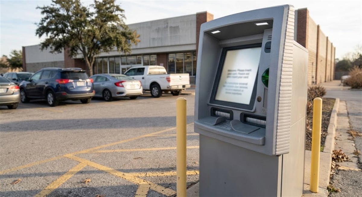 Standalone outdoor ATM with a welcome screen prompt, positioned in a parking lot outside a retail building.