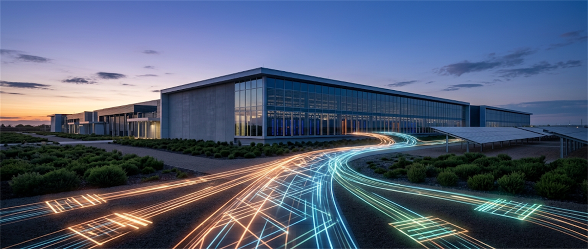 Data center building at dusk with illuminated network light trails and solar panels in the foreground.