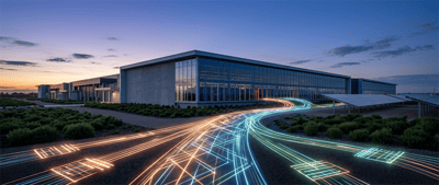 Data center building at dusk with illuminated network light trails and solar panels in the foreground.