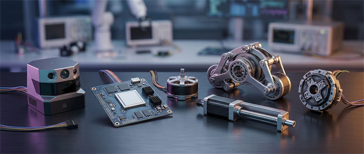 Robotics components including a sensor module, circuit board, motors, and a mechanical joint arranged on a table.