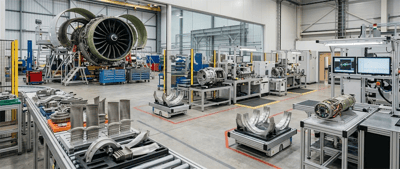Manufacturing facility floor with a jet engine on a stand, metal turbine components, and workstation monitors.