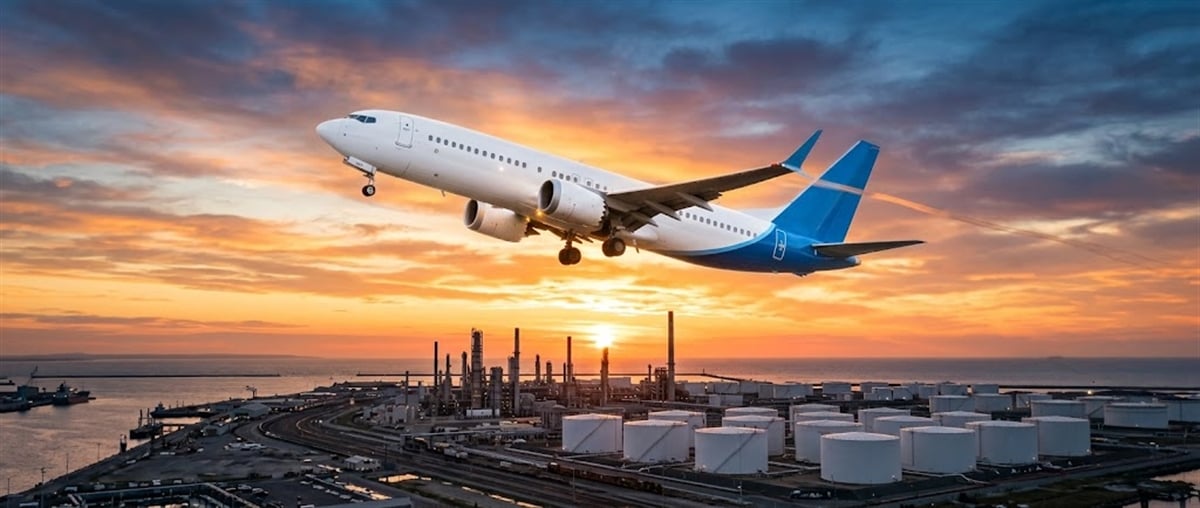 Commercial airliner with blue tail fin takes off over a coastal fuel storage terminal at sunset.