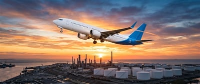 Commercial airliner with blue tail fin takes off over a coastal fuel storage terminal at sunset.