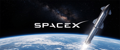 SpaceX logo beside a Starship rocket launching above Earth's curvature with stars in the background.