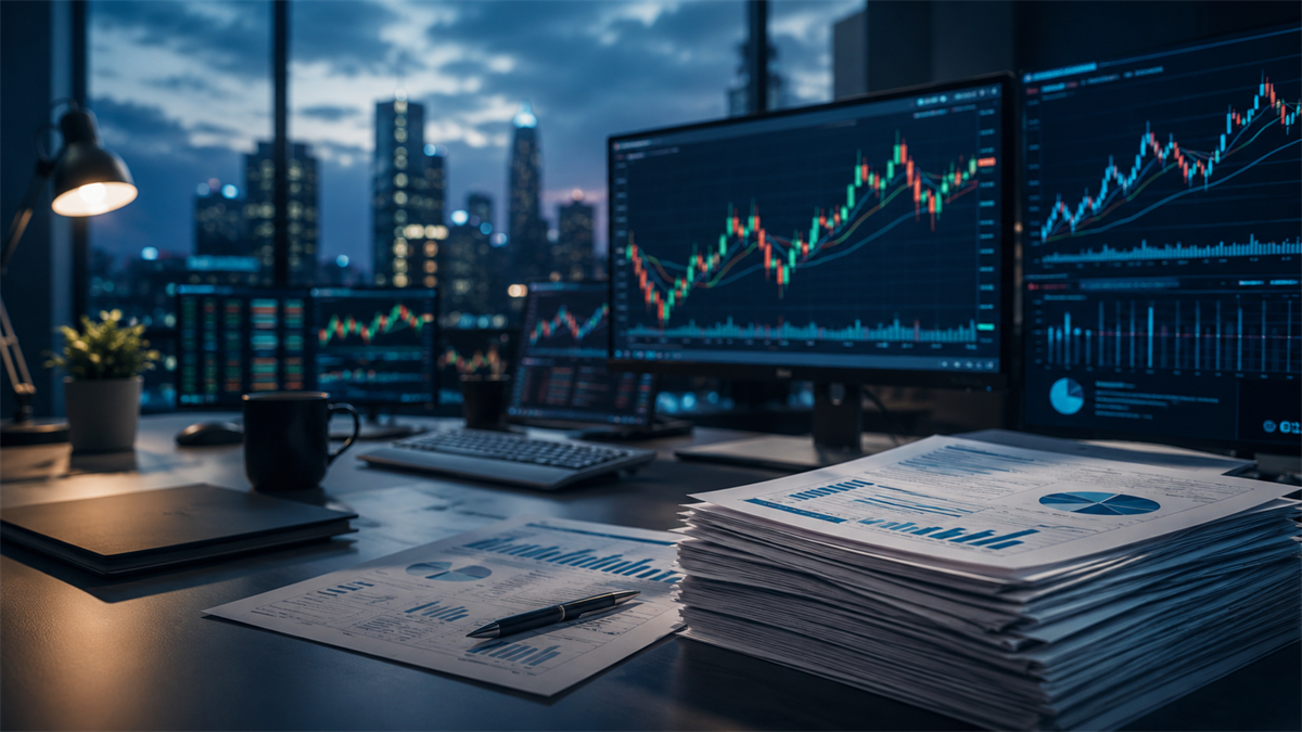Desk setup with computer monitors displaying stock candlestick charts and financial data, alongside printed reports and a city skyline view.