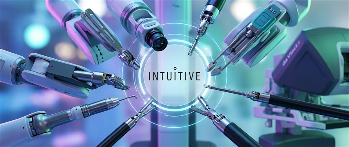 Robotic surgical arms from a da Vinci system surround the Intuitive logo in a circular arrangement.