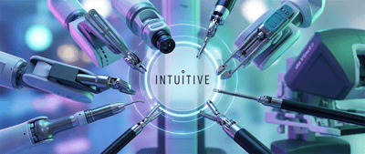 Robotic surgical arms from a da Vinci system surround the Intuitive logo in a circular arrangement.