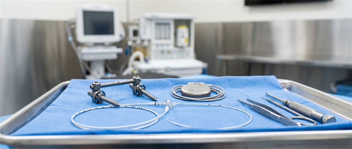 Surgical instruments and cables arranged on a blue sterile drape atop a metal tray in an operating room.