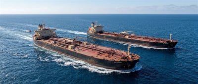 Two Very Large Crude Carriers (VLCCs) sailing side by side on open ocean waters, viewed from above.