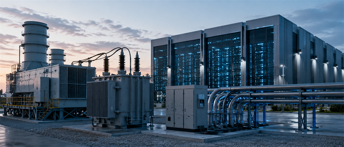 Electrical transformer and substation equipment stand beside a large data center building with illuminated server racks at dusk.
