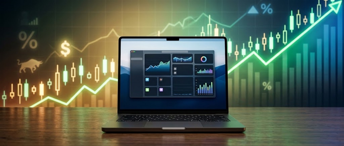 Laptop displaying financial dashboard with charts on a desk, set against a background of rising stock candlestick charts.