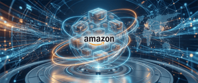 Illustration of the Amazon logo surrounded by shipping boxes and global network graphics symbolizing worldwide logistics.