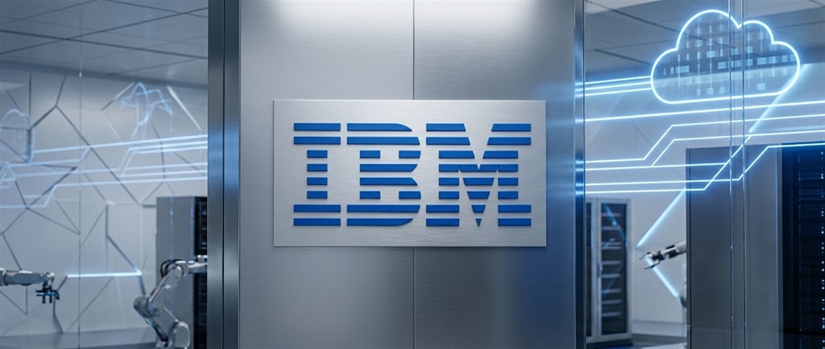 IBM logo mounted on a metal wall in a data center setting with illuminated network and cloud graphics.