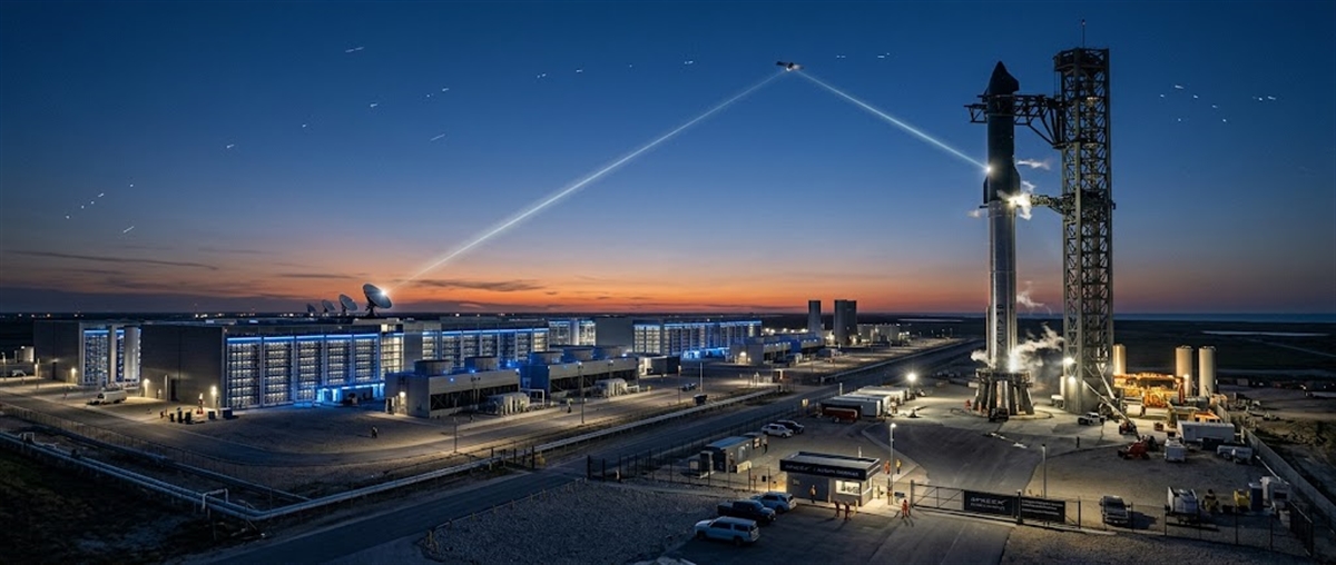 A SpaceX rocket stands on a launch tower at dusk near an illuminated satellite ground station facility.