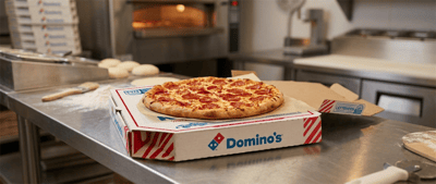 A pepperoni pizza in an open Domino's box sits on a stainless steel prep table in a kitchen.