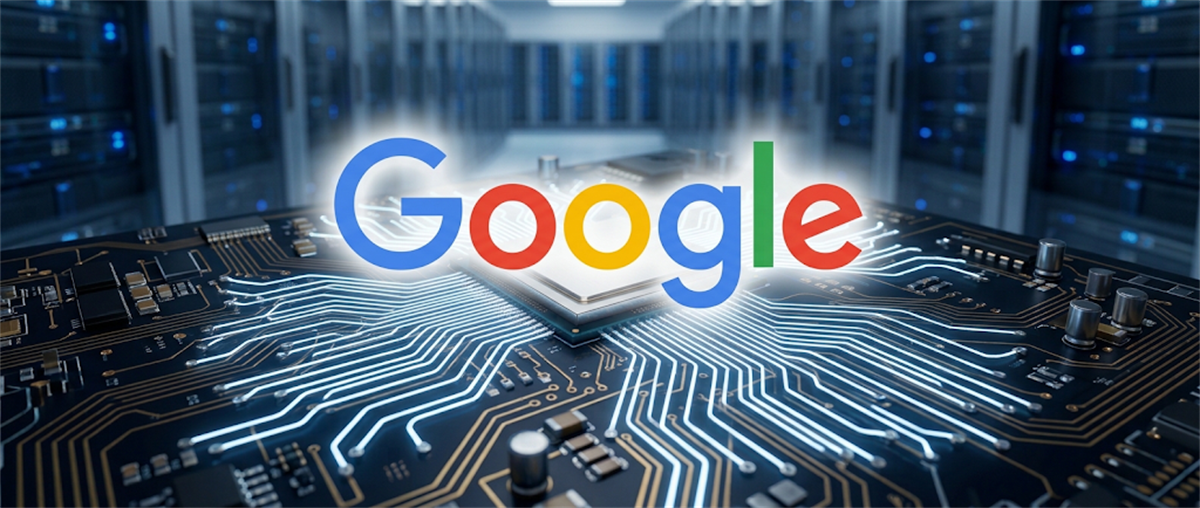 Google logo on a computer chip with illuminated circuit lines, set against a blurred data center background.
