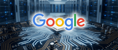 Google logo on a computer chip with illuminated circuit lines, set against a blurred data center background.