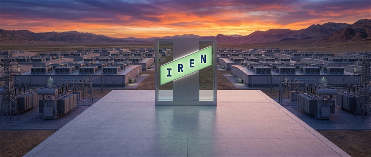 Illuminated IREN logo stands amid rows of data center buildings and electrical infrastructure at sunset in a desert setting.