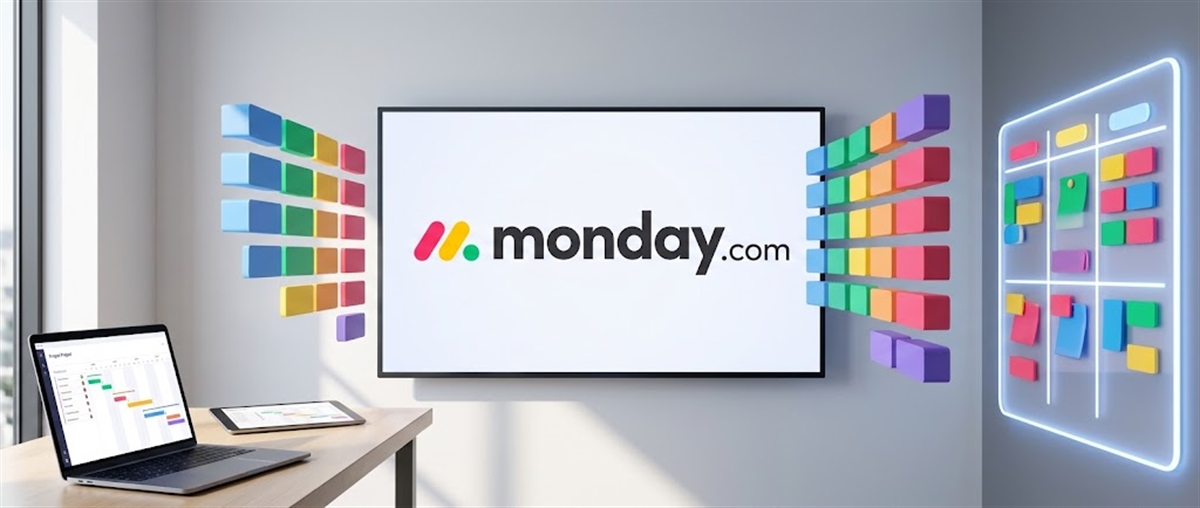Monday.com logo displayed on a wall-mounted screen in an office, flanked by colorful project management graphics.