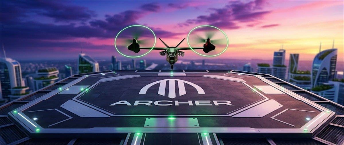 Illustration of an Archer Aviation eVTOL aircraft landing on a rooftop vertiport helipad above a futuristic city skyline.