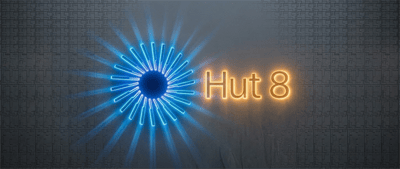Hut 8 logo with a glowing blue starburst symbol and orange company name on a textured gray background.