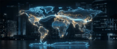 Illustrated digital world map with glowing connection lines representing global trade and data networks, set against a city skyline.