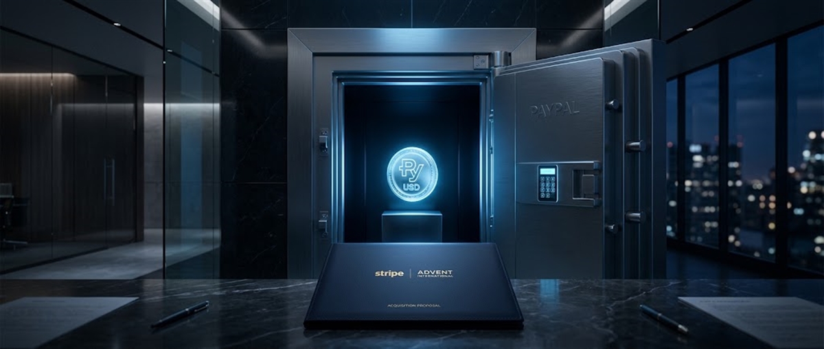 Illustration of a PayPal vault opened to reveal a glowing PYUSD coin, with a Stripe and Advent International acquisition proposal folder nearby.