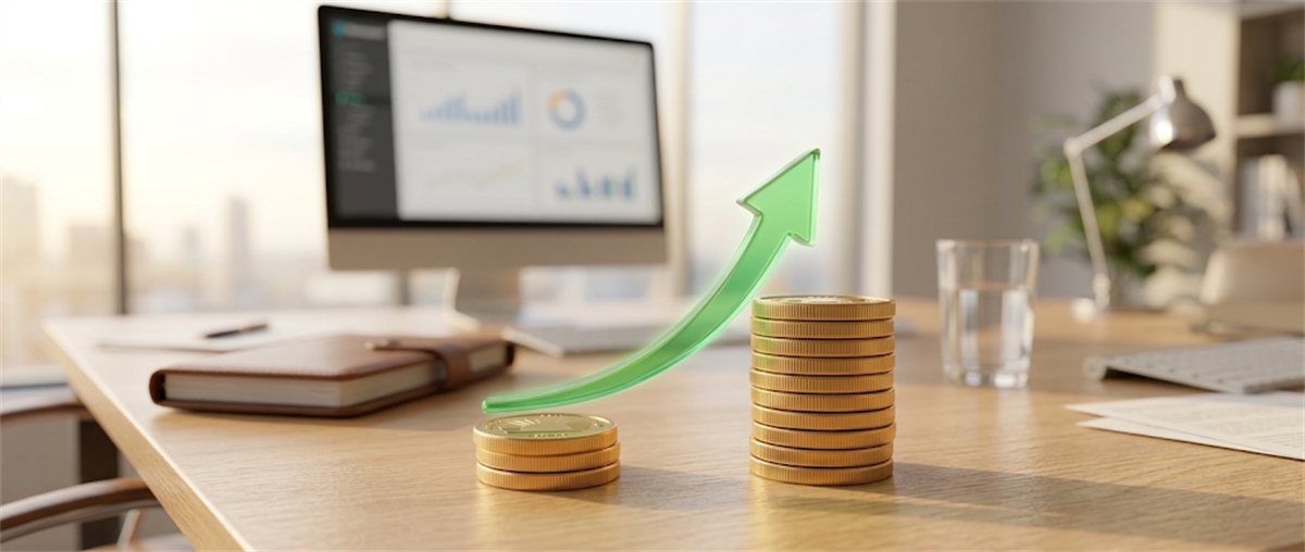Green upward arrow between two coin stacks on a desk, with a computer monitor showing financial charts in the background.