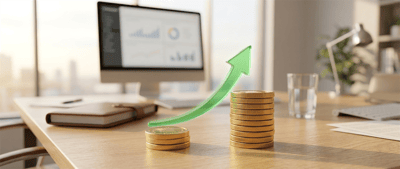 Green upward arrow between two coin stacks on a desk, with a computer monitor showing financial charts in the background.