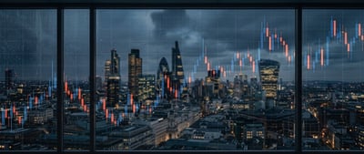 City skyline at night viewed through windows, overlaid with a candlestick stock price chart.