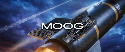 Moog logo overlaid on an image of a missile with control fins against a night sky.