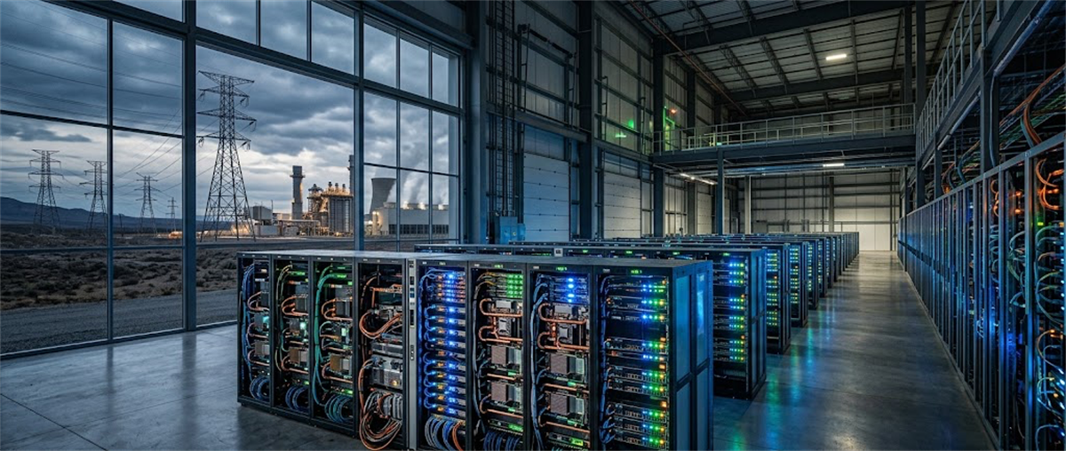 Rows of illuminated server racks in a data center, with power lines and a power plant visible through windows.
