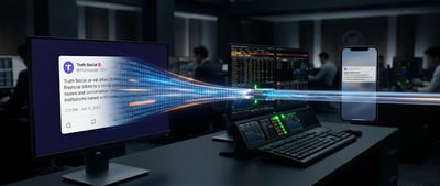 Illustration of a Truth Social post streaming as data to trading monitors and a smartphone in an office setting.