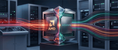 Illustration of a chip-like structure displaying AMD and Anthropic logos connected by colorful data streams in a server room.