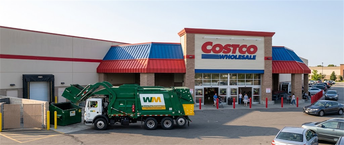 A Waste Management garbage truck empties a dumpster in a parking lot outside a Costco Wholesale store.