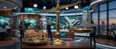 Balance scale weighing a homebuilding construction site against a stealth bomber and skyscraper in a newsroom setting.