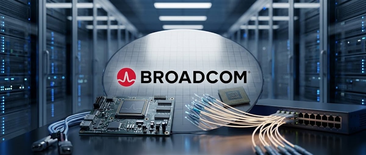 Broadcom logo on a silicon wafer with circuit boards, fiber optic cables, and a network switch in a data center.