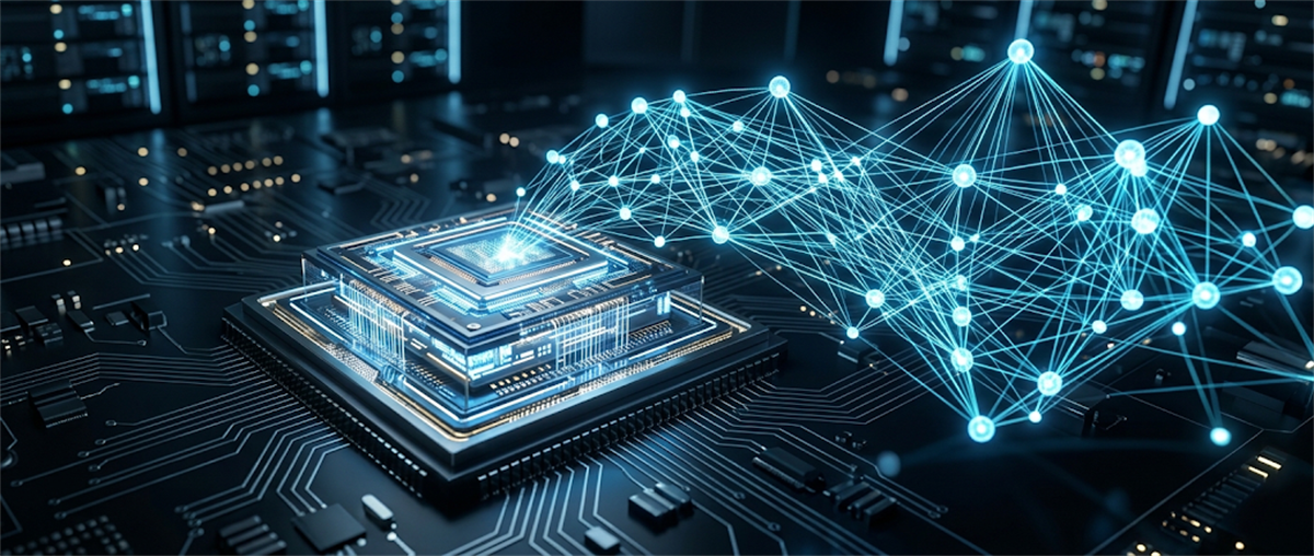 Illustration of a computer chip on a circuit board connected to a glowing network of nodes representing AI technology.