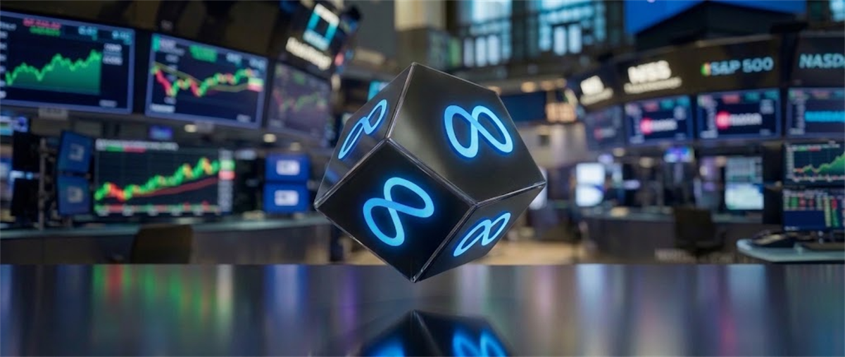 A cube displaying the Meta logo floats above a trading floor with stock charts and S&P 500, Nasdaq displays.