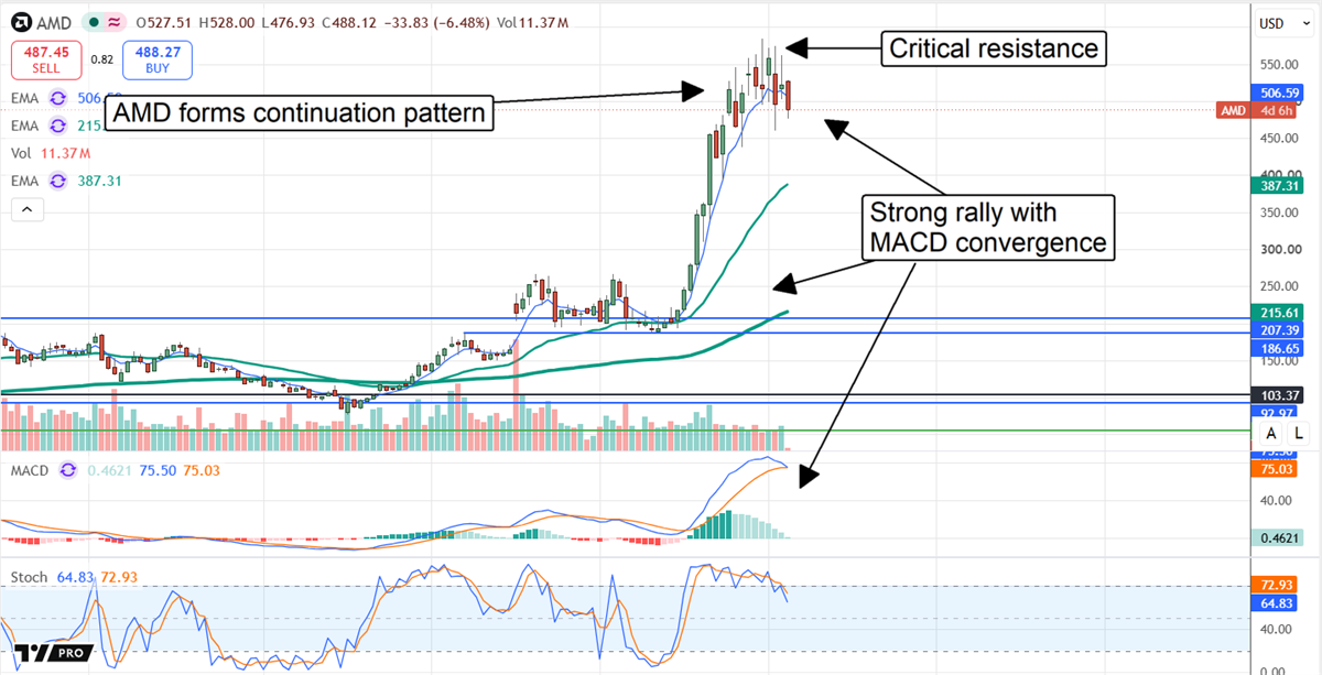AMD stock tests critical resistance after a strong rally, with a continuation pattern and MACD signaling sustained bullish momentum.