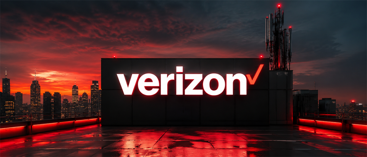 Illuminated Verizon logo on a rooftop sign with cell tower equipment against a city skyline at dusk.